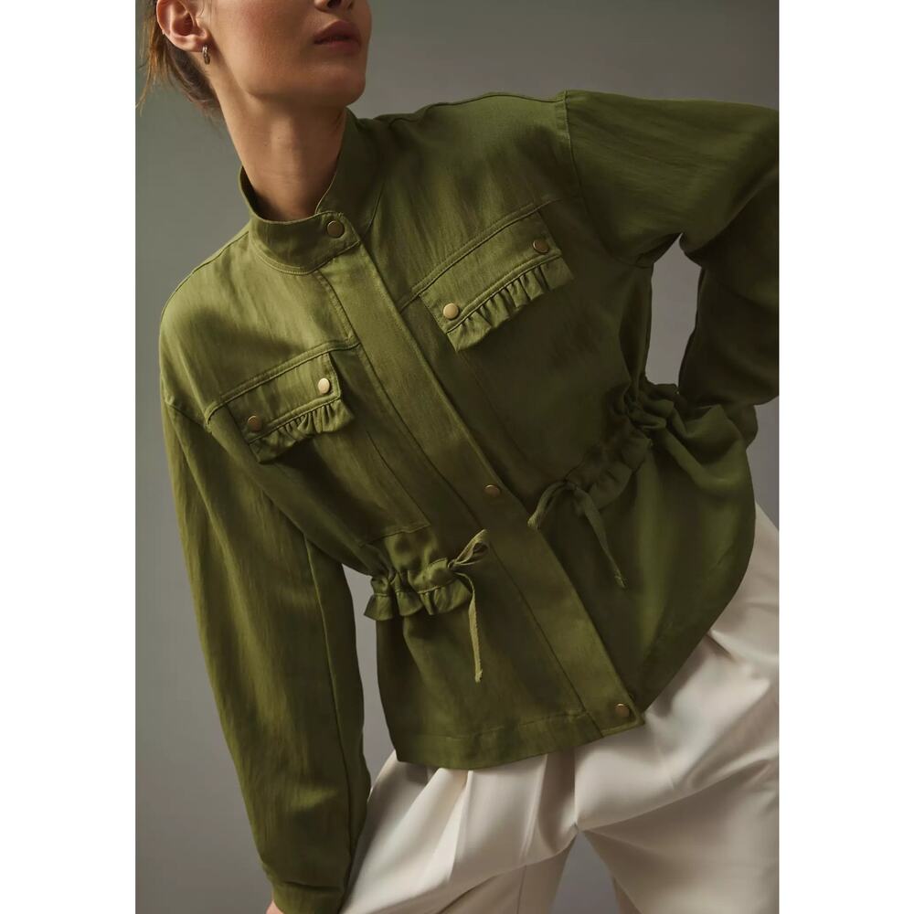 Anthropologie Oversized Utility Jacket Ruffle Army Green Lightweight Women XS